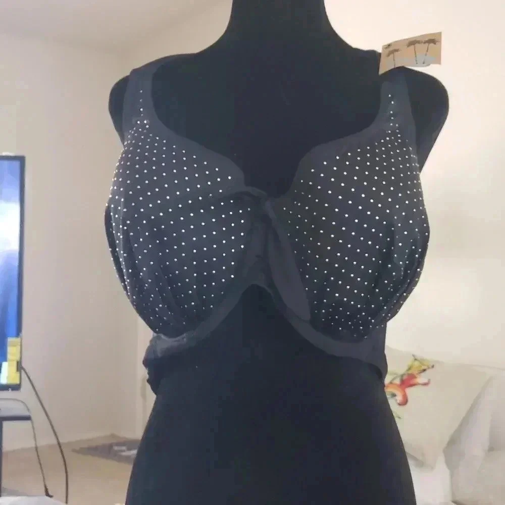 42 DD Swim Haltertop  Chic Black Gold Resort Pool Sexy Coastal Beach NWT